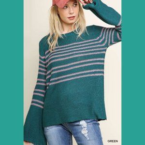 New UMGEE S M L Green Bell Sleeve Striped sweater